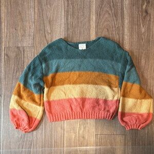 Billabong Green and Orange Crew Neck Cropped Sweater with Retro Stripes